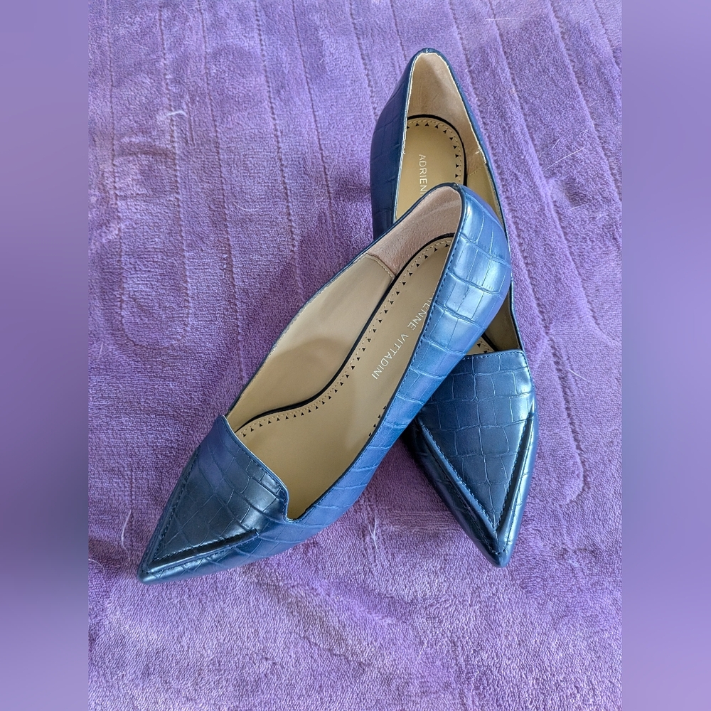 Adrienne Vittadini Blue Croc-Embossed Pointed-Toe Flats